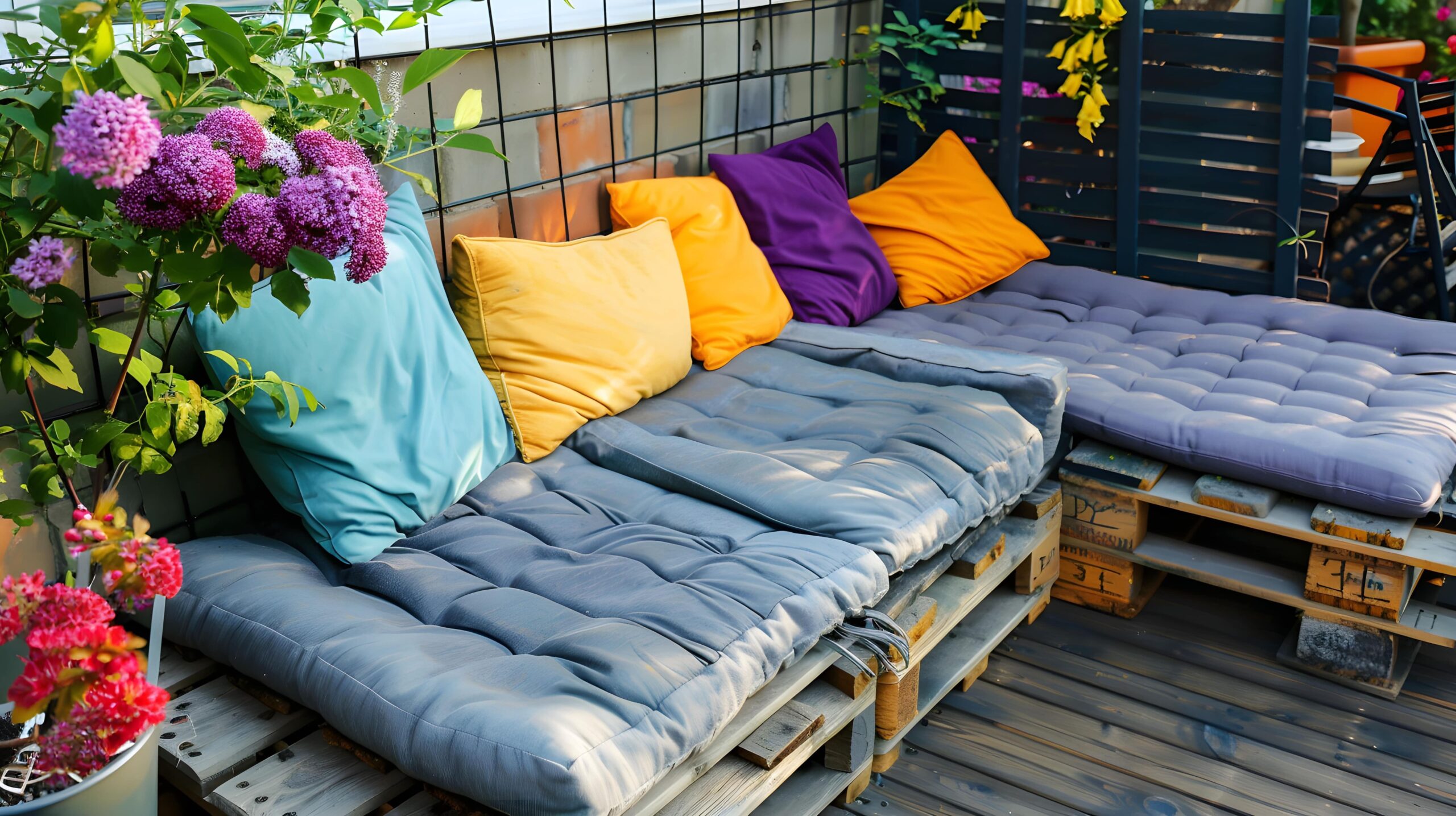 Sitzmöbel aus Paletten mit bunten Kissen und Pflanzen auf einer Terrasse